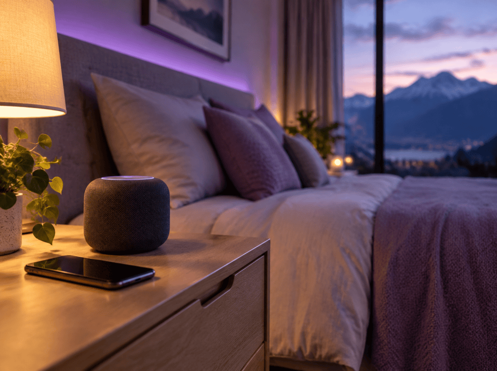 Smart speaker on a bedside table